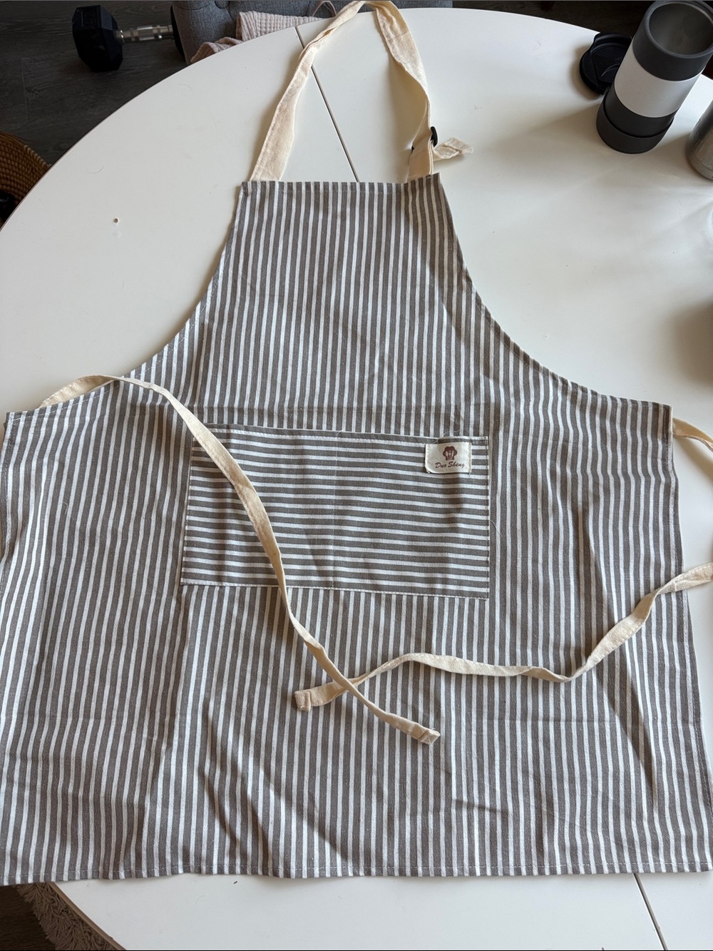 Striped Cotton Kitchen Apron with Pocket - Beige and White